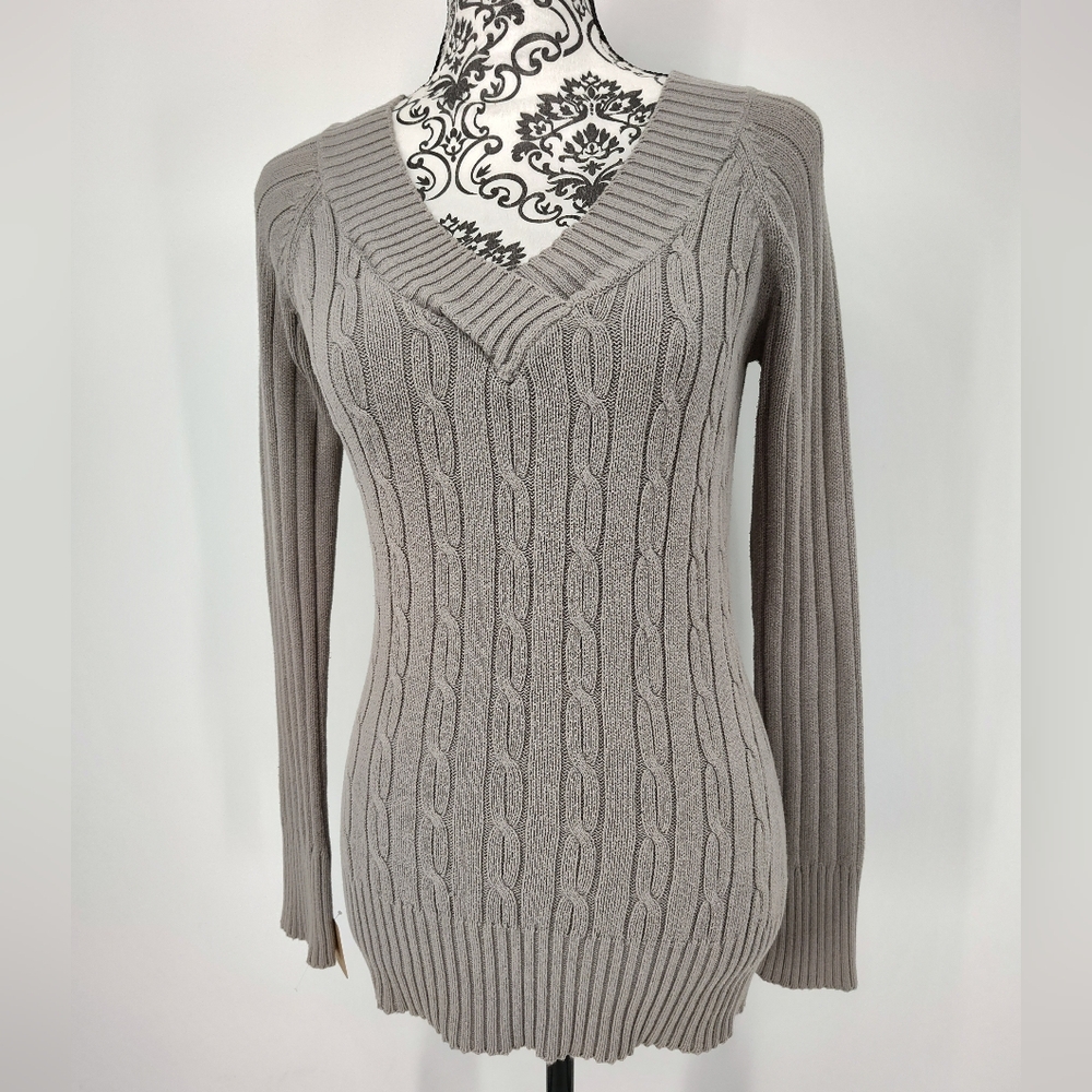 Steve & Barry's Women's V-Neck Cable Knit Sweater - Gray Size Medium